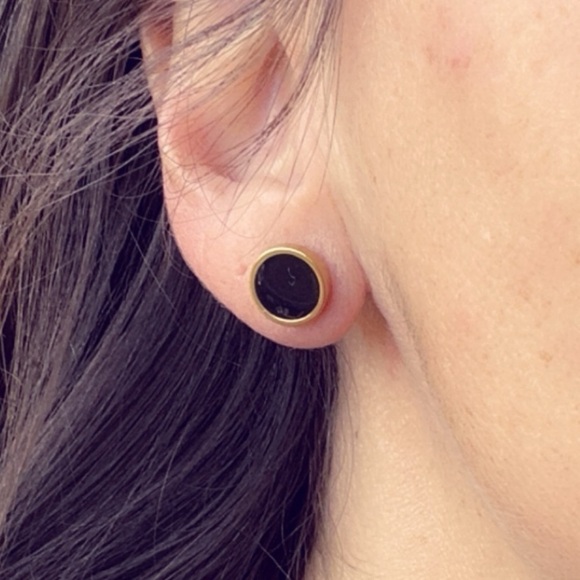 14k Gold Plated Stainless Steel Round Black Studs 10mm - Picture 6 of 11